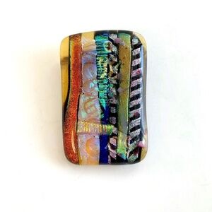 Dichroic Art Glass Brooch Pin, Gold Blue Black Yellow Rectangle 2" Long, Vintage